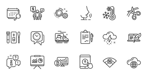 Outline set of Freezing, Bitcoin chart and Copyright laptop line icons for web application. Talk, information, delivery truck outline icon. Vector