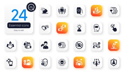 Set of People flat icons. Cyber attack, Touchscreen gesture and Wash hands elements for web application. Click hands, Lawyer, Weariness icons. Dont handshake, Not looking. Vector