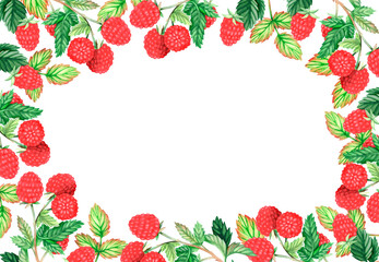 Rectangle raspberry frame. Watercolor illustration. Isolated on a white background. For design.
