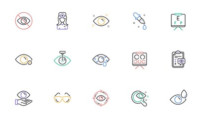 Optometry, Eye doctor line icons. Medical laser surgery, glasses and eyedropper. Pink eye, Cataract surgery and allergy icons. Optician board, oculist chart. Linear set. Vector