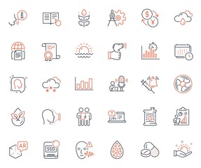 Science icons set. Included icon as Electronic thermometer, Air fan and Rainy weather web elements. Face id, Report timer, Report diagram icons. Vaccine announcement, Organic product. Vector