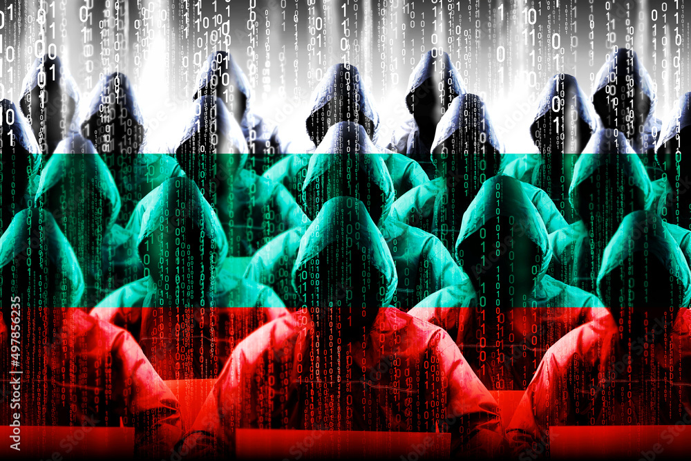 Poster anonymous hooded hackers, flag of bulgaria, binary code - cyber attack concept