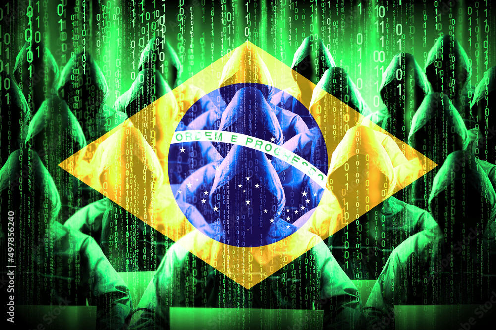 Poster anonymous hooded hackers, flag of brazil, binary code - cyber attack concept