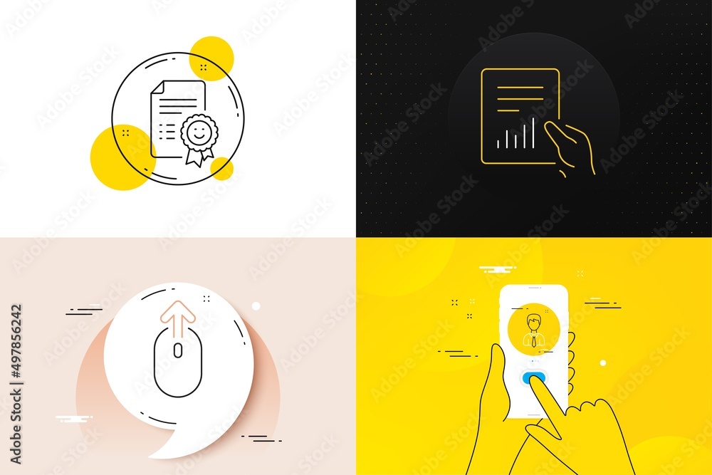 Poster minimal set of businessman, document and swipe up line icons. phone screen, quote banners. smile ico