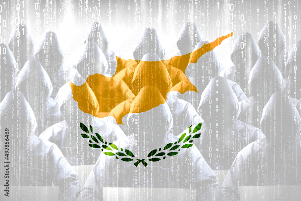 Poster anonymous hooded hackers, flag of cyprus, binary code - cyber attack concept