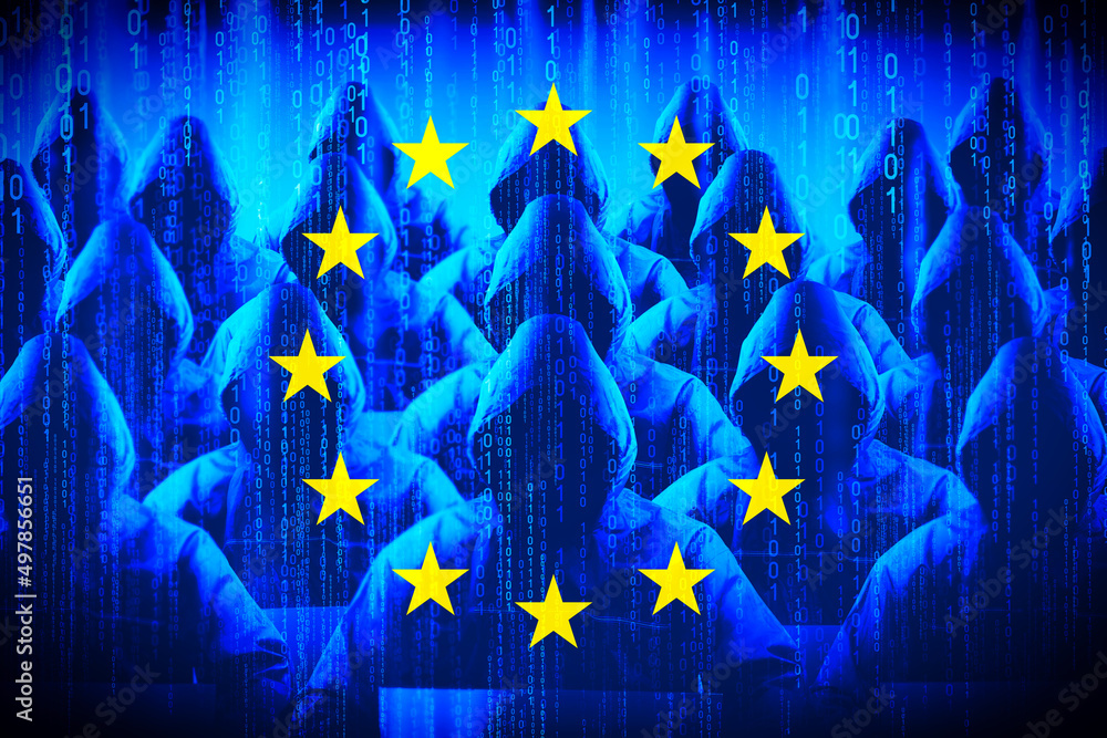 Poster anonymous hooded hackers, flag of european union, binary code - cyber attack concept