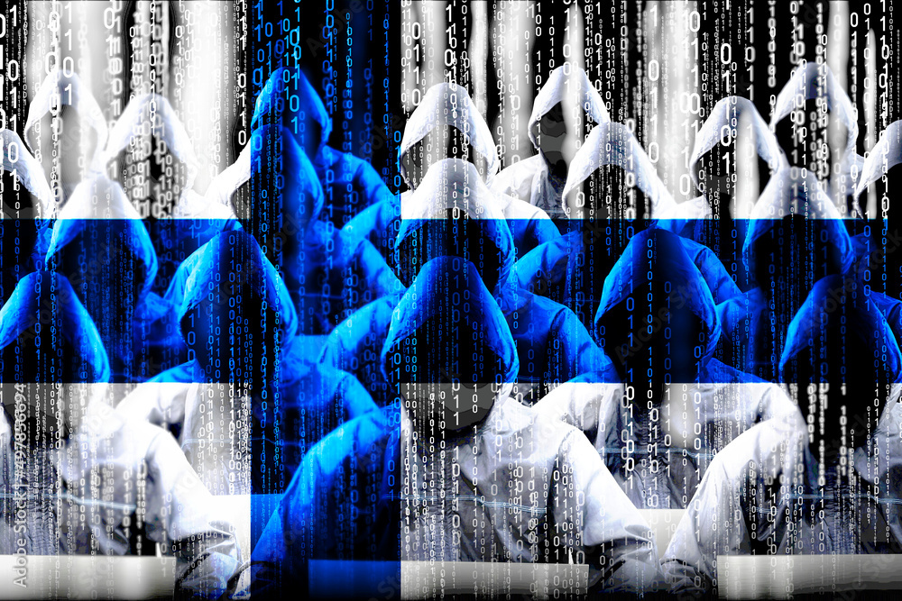 Poster anonymous hooded hackers, flag of finland, binary code - cyber attack concept