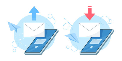 スマートフォンでメールを受信するイラスト. スマートフォンでメールを送信するイラスト. ベクターイラストのセット.