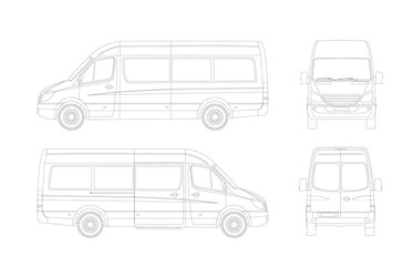 Passenger minibus sketch set, front, back, right, left view. Isolated on white background.