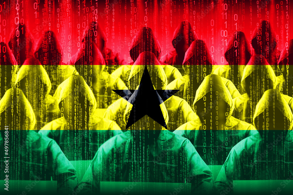 Poster anonymous hooded hackers, flag of ghana, binary code - cyber attack concept