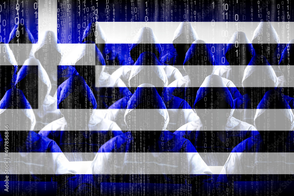 Poster anonymous hooded hackers, flag of greece, binary code - cyber attack concept