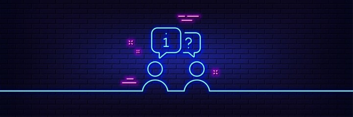 Neon light glow effect. Interview line icon. Job information sign. Business meeting symbol. 3d line neon glow icon. Brick wall banner. Interview outline. Vector
