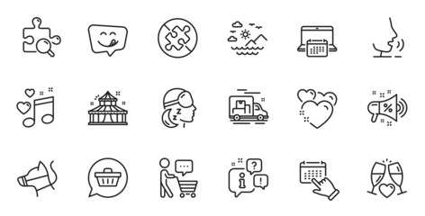 Outline set of Sale megaphone, Insomnia and Circus line icons for web application. Talk, information, delivery truck outline icon. Include Calendar, Sea mountains, Heart icons. Vector