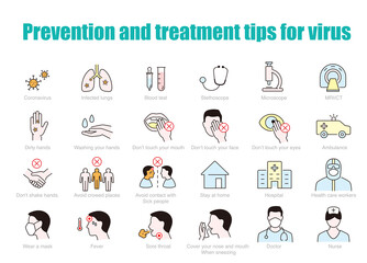 prevention and treatment tips for coronavirus infographic, vector icons