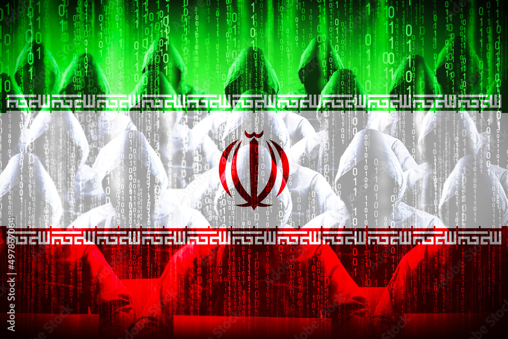 Poster anonymous hooded hackers, flag of iran, binary code - cyber attack concept