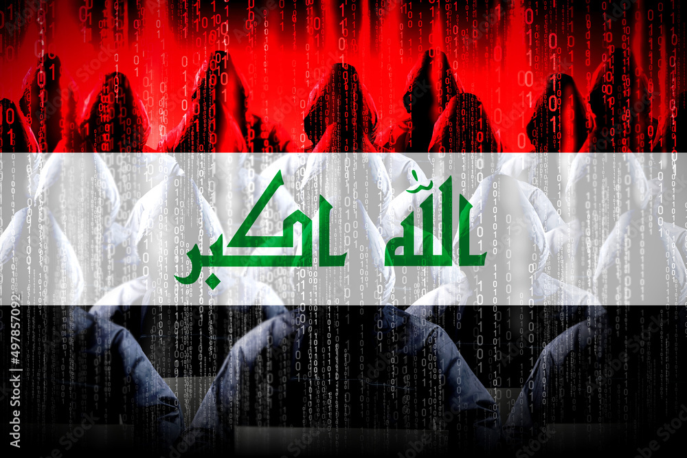 Poster anonymous hooded hackers, flag of iraq, binary code - cyber attack concept
