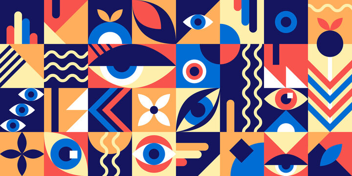 Bauhaus geometric abstract elements with eyes and simple forms. Modern style shapes, minimalistic retro design for poster, cards, book, certificate. Hipster 20s trend collage, vector illustration
