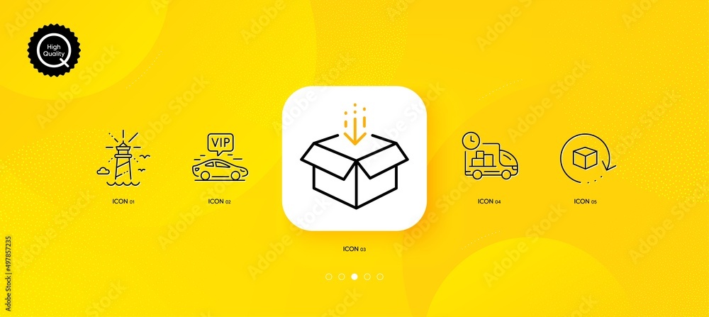 Poster return package, get box and delivery minimal line icons. yellow abstract background. lighthouse, vip