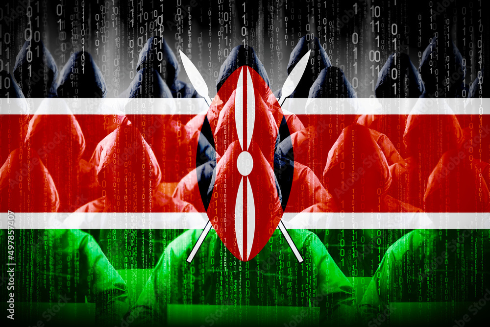 Poster anonymous hooded hackers, flag of kenya, binary code - cyber attack concept