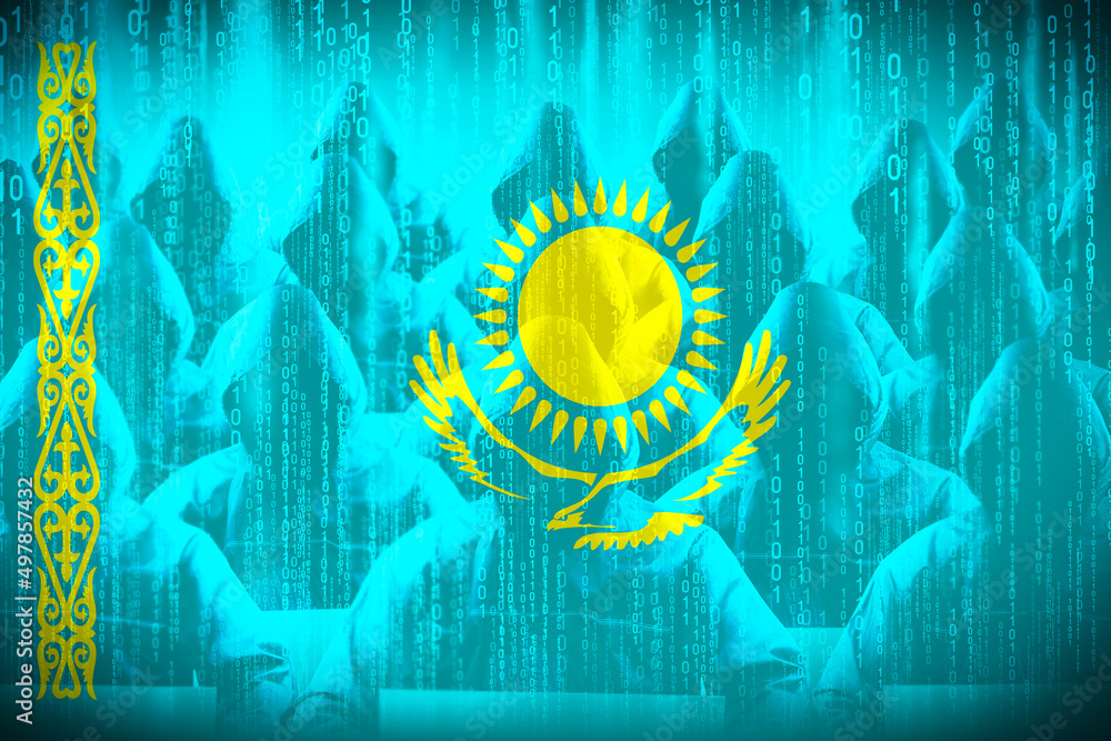 Poster anonymous hooded hackers, flag of kazakhstan, binary code - cyber attack concept