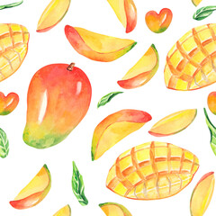 Watercolor food illustration. Fruit pattern. Watercolor mango pattern. Tropical fruits seamless pattern. Design for summer, fabric, textile, bedding, wrapping paper, packing, backgrounds. Mango slices