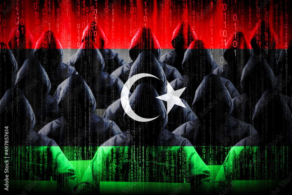 Aufkleber anonymous hooded hackers, flag of libya, binary code - cyber attack concept