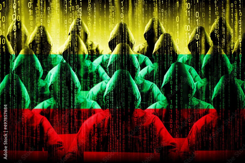 Aufkleber anonymous hooded hackers, flag of lithuania, binary code - cyber attack concept