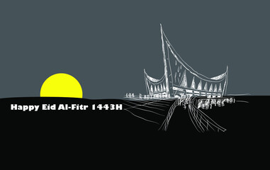 Eid al-Fitr Islamic holiday greeting card, mosque sketch illustration