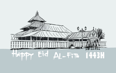Eid al-Fitr Islamic holiday greeting card, mosque sketch illustration