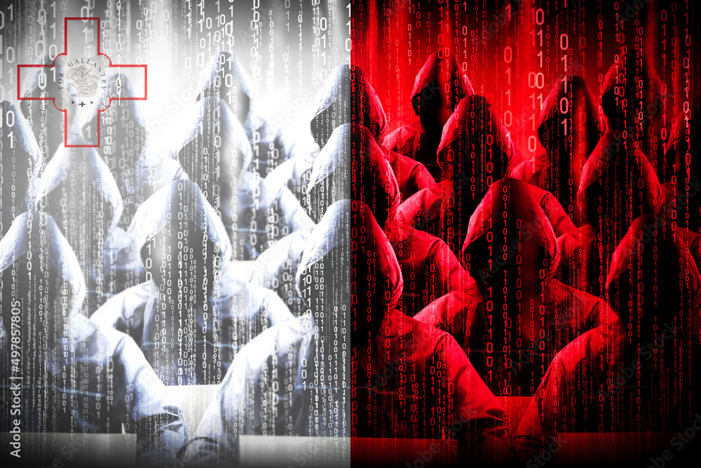 Poster anonymous hooded hackers, flag of malta, binary code - cyber attack concept