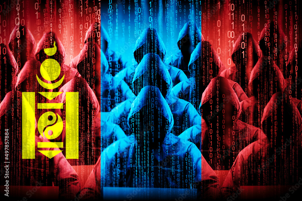 Poster anonymous hooded hackers, flag of mongolia, binary code - cyber attack concept