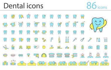 Dental clinic and dental care element line icons