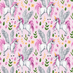 Watercolor pattern with unicorns and flowers