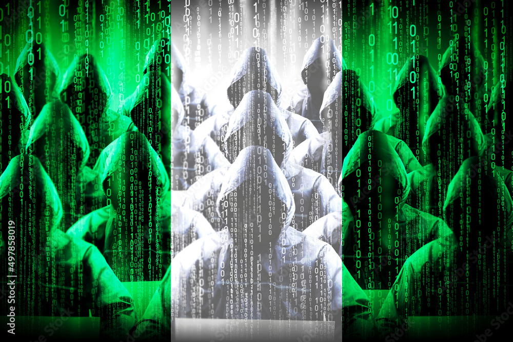 Poster anonymous hooded hackers, flag of nigeria, binary code - cyber attack concept