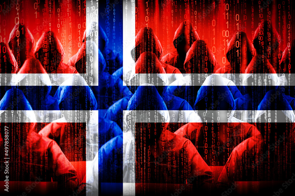 Poster anonymous hooded hackers, flag of norway, binary code - cyber attack concept
