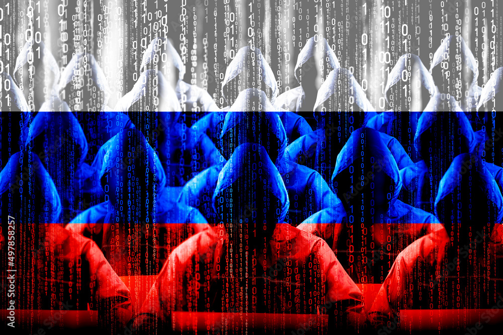 Poster anonymous hooded hackers, flag of russia, binary code - cyber attack concept