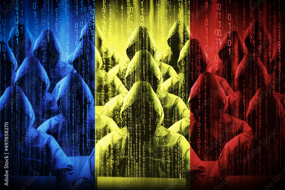 Poster anonymous hooded hackers, flag of romania, binary code - cyber attack concept