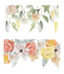Watercolor garden flowers border on white background, wedding invitation