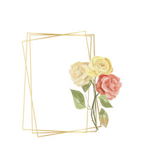 Golden frame with watercolor garden flowers, floral arrangement, polygonal frame for wedding, baby showers