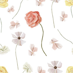 Watercolor garden flowers seamless pattern, rose fabric design on white backround 