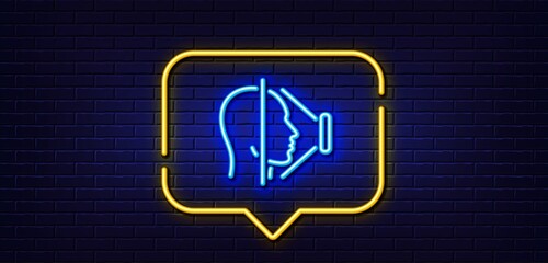 Neon light speech bubble. Face scanning line icon. Phone Face id sign. Head recognition symbol. Neon light background. Face id glow line. Brick wall banner. Vector