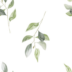 Watercolor eucalyptus seamless pattern on white background, greenery fabric design