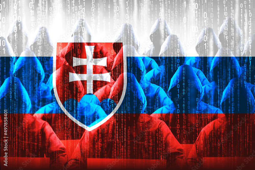 Poster anonymous hooded hackers, flag of slovakia, binary code - cyber attack concept