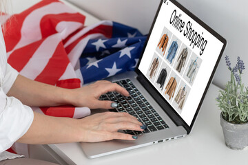 Fototapeta na wymiar online shopping laptop with laptop computer, america flag.