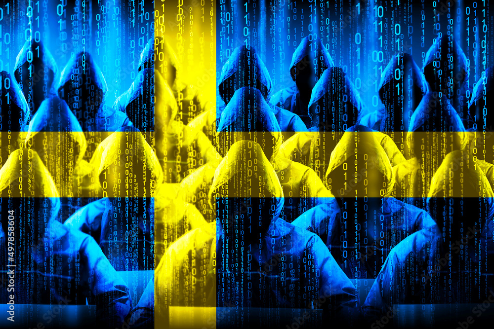 Poster anonymous hooded hackers, flag of sweden, binary code - cyber attack concept