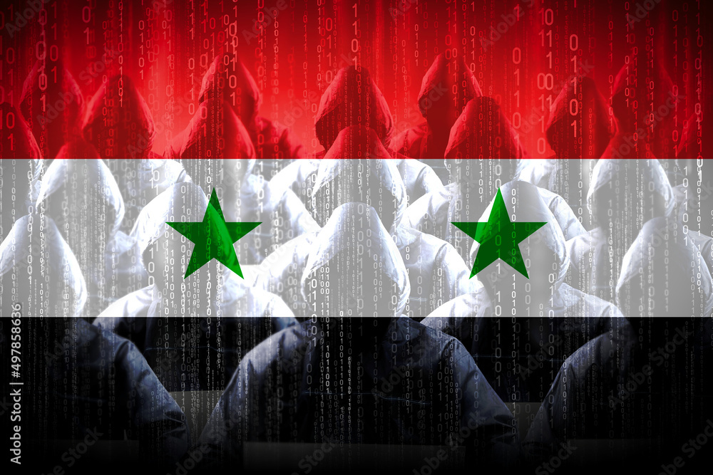 Poster anonymous hooded hackers, flag of syria, binary code - cyber attack concept