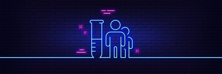 Neon light glow effect. Medical analyzes line icon. Medicine beaker sign. Pharmacy medication symbol. 3d line neon glow icon. Brick wall banner. Medical analyzes outline. Vector