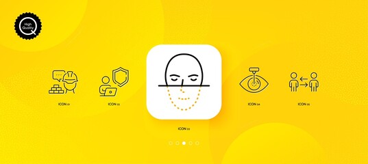 Fototapeta na wymiar Eye laser, Teamwork business and Shield minimal line icons. Yellow abstract background. Face recognition, Build icons. For web, application, printing. Vector