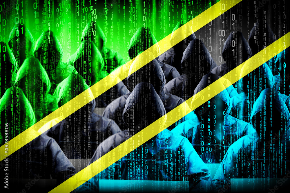 Poster anonymous hooded hackers, flag of tanzania, binary code - cyber attack concept