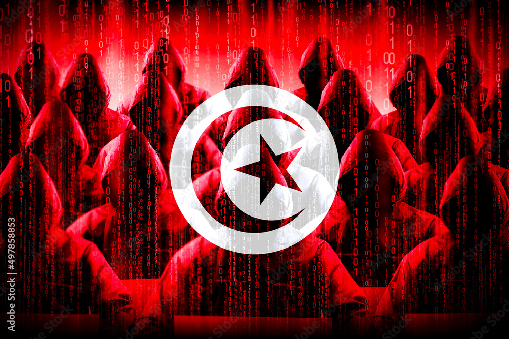Poster anonymous hooded hackers, flag of tunisia, binary code - cyber attack concept